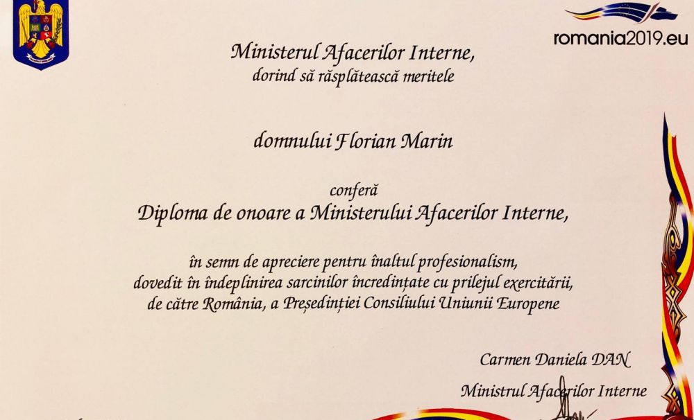 Diplome de onoare din partea Ministerului Afacerilor Interne pentru conducerea Prefecturii Vâlcea