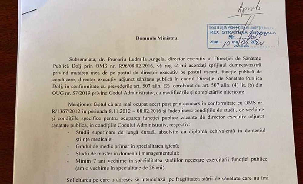 Directorul executiv al DSP Dolj vrea să fie mutat pe postul de adjunct din motive de sănătate!