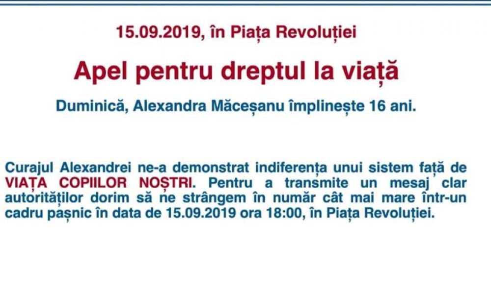 Fata împlineşte 16 ani ! Familia Alexandrei anunţă un miting de proporţii, duminică, în Piaţa Revoluţiei