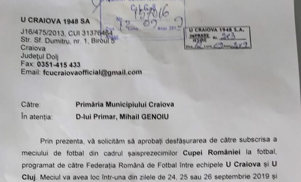 FCU Craiova împotriva U Cluj-Napoca pe Oblemenco? Cum răspunde Primăria Craiova la cererea FCU?