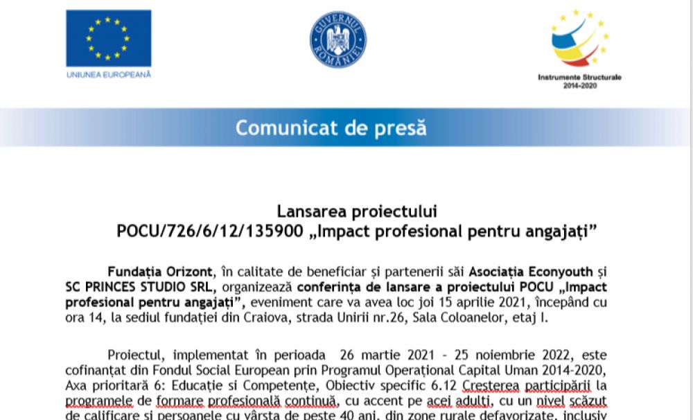 Fundația Orizont anunță Lansarea proiectului POCU/726/6/12/135900 Impact profesional pentru angajați