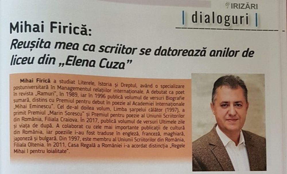 Interviu - Reuşita mea ca scriitor se datorează anilor de liceu din Elena Cuza