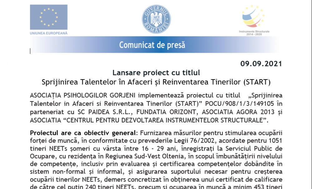 Lansarea proiectului cu titlul Sprijinirea Talentelor în Afaceri și Reinventarea Tinerilor (START)