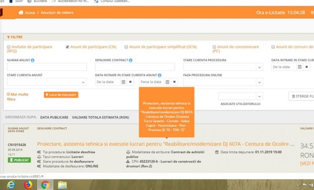 Licitaţia pentru atribuirea lucrărilor de proiectare şi execuţie a DJ 607A, Centura ocolitoare DROBETA TURNU SEVERIN - CERNEȚI - VALEA COPCII - HUSNICIOARA - PERI - DN6, a fost relansată